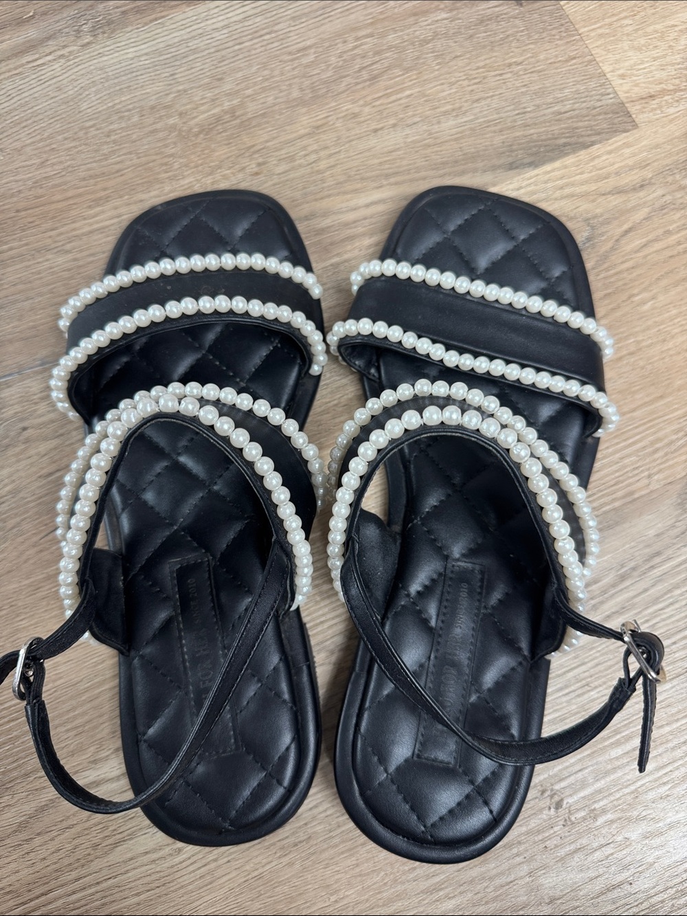 Black Pearl-Trim Quilted Slide Sandals - Women